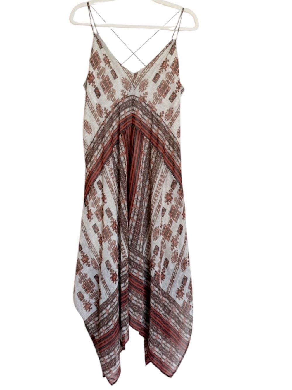 Lucky Brand Rust and Cream Asymmetrical Handkerchief Hem Dress. Size Medium